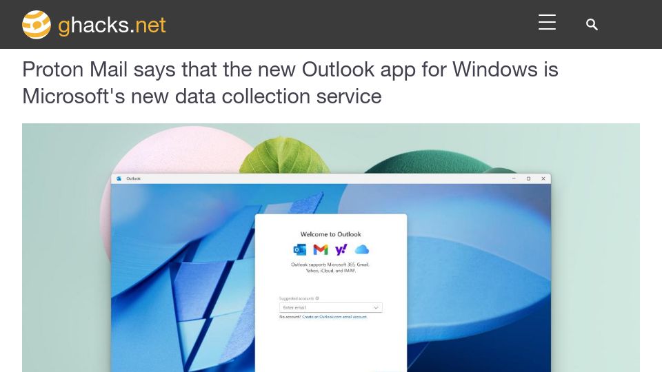 Screenshot of proton.me: Outlook is Microsoft’s new data collection service