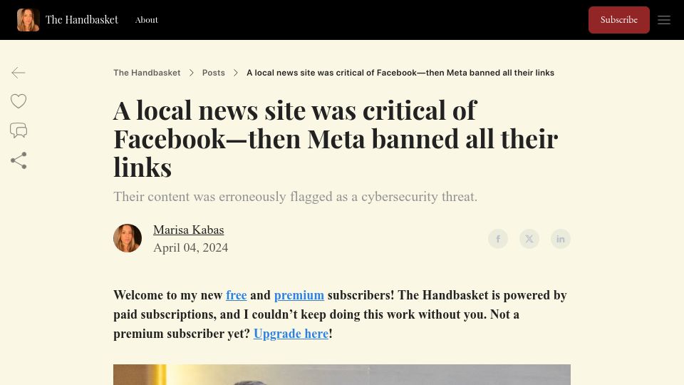 Screenshot of thehandbasket.co: A local news site was critical of Facebook–then Meta banned all their links