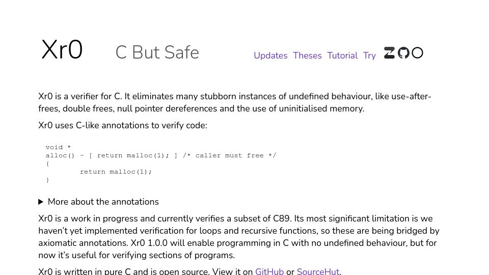 Screenshot of xr0.dev: Xr0: C but Safe