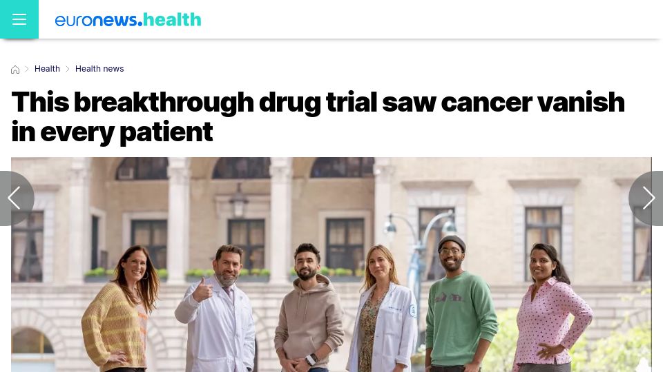Screenshot of euronews.com: Breakthrough drug trial saw cancer vanish in every patient (2022)