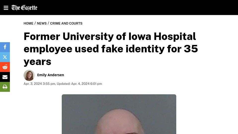 Screenshot of thegazette.com: Former University of Iowa hospital employee used fake identity for 35 years