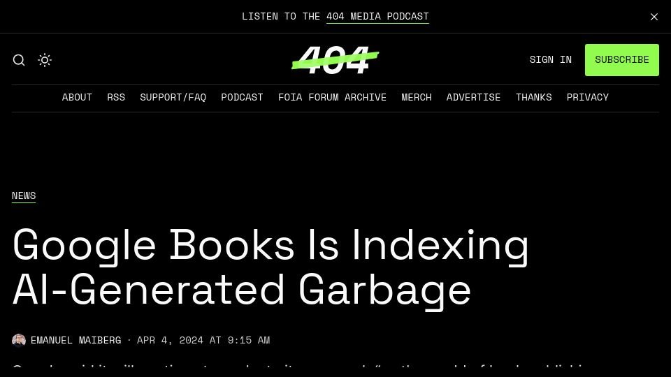 Screenshot of 404media.co: Google Books Is Indexing AI-Generated Garbage
