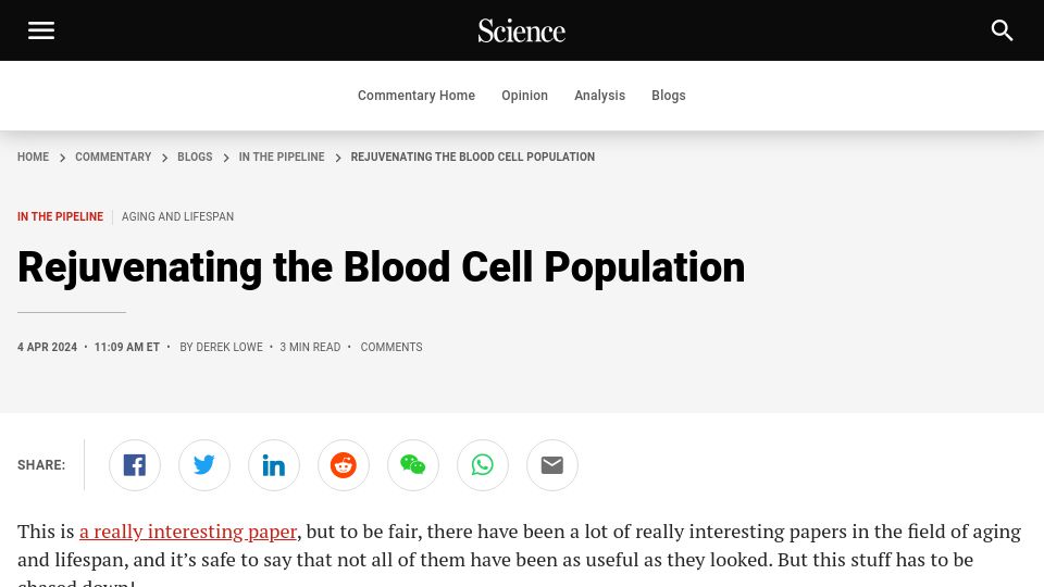 Screenshot of science.org: Rejuvenating the blood cell population