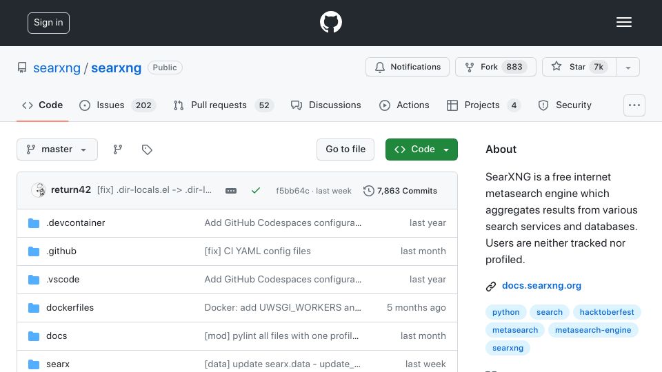 Screenshot of github.com: SearXNG is a free internet metasearch engine