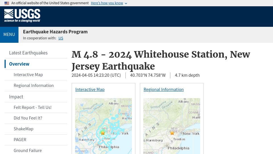 Screenshot of earthquake.usgs.gov: M 4.8 – 2024 Whitehouse Station, New Jersey Earthquake
