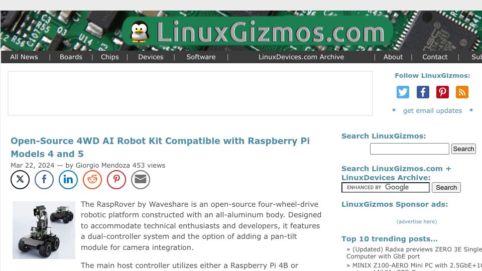 Screenshot of linuxgizmos.com: Open-Source 4WD AI Robot Kit Compatible with Raspberry Pi Models 4 and 5