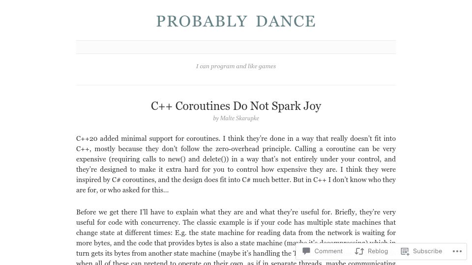 Screenshot of probablydance.com: C++ coroutines do not spark joy (2021)