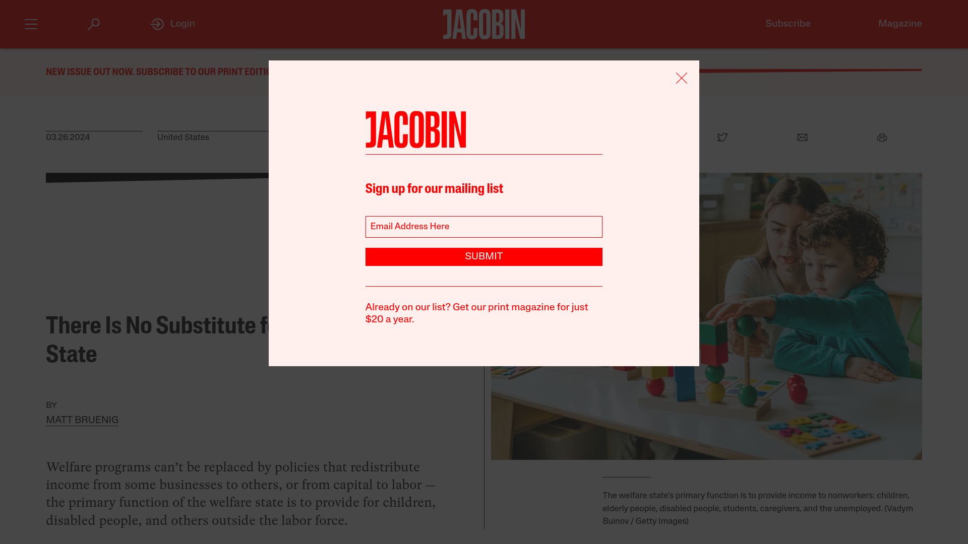Screenshot of jacobin.com: There Is No Substitute for the Welfare State