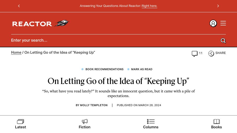 Screenshot of reactormag.com: Letting go of the idea of keeping up