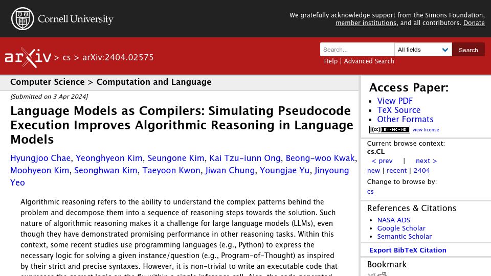 Screenshot of arxiv.org: Language models as compilers: Simulating pseudocode execution