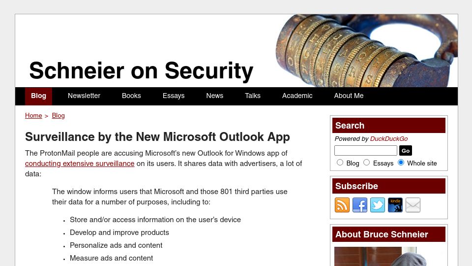 Screenshot of schneier.com: Surveillance by the New Microsoft Outlook App
