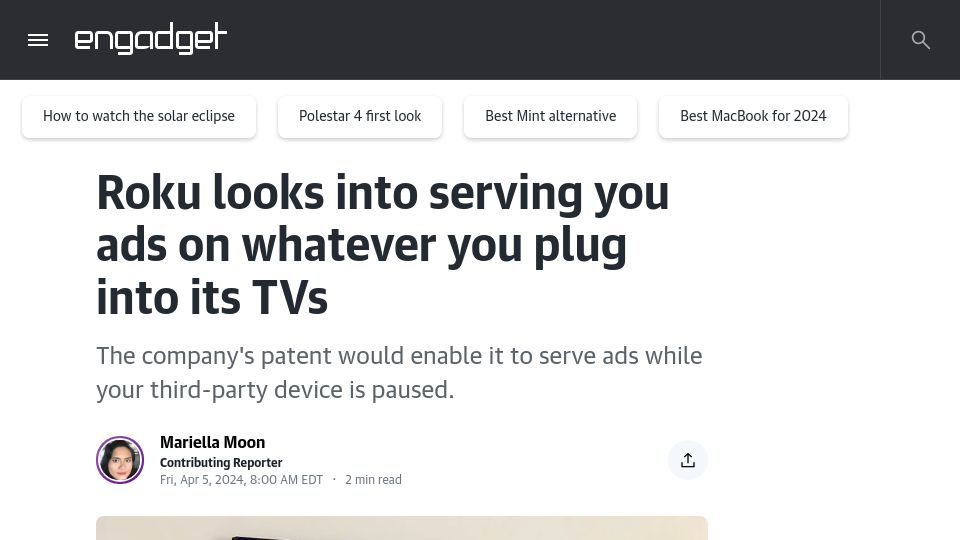Screenshot of engadget.com: Roku looks into serving you ads on whatever you plug into its TVs