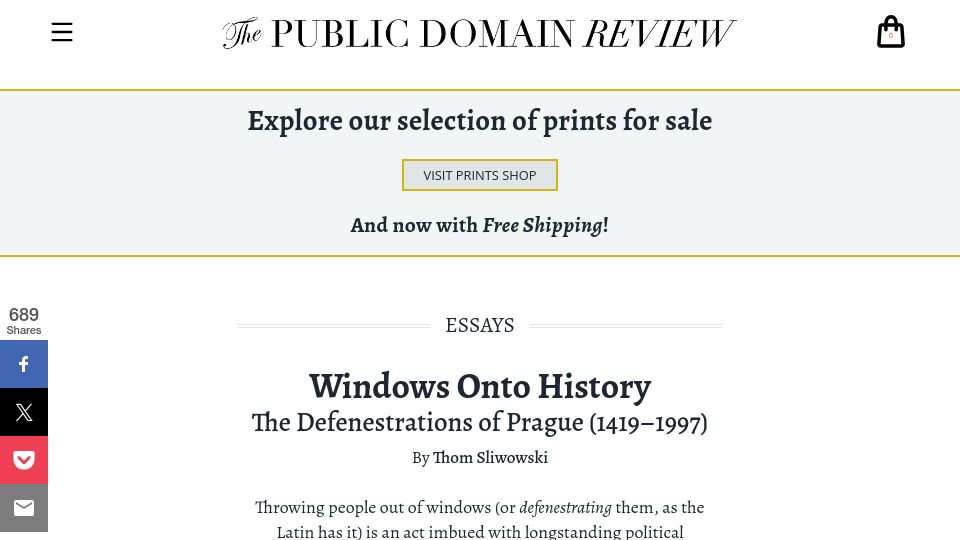Screenshot of publicdomainreview.org: The Defenestrations of Prague (1419–1997)