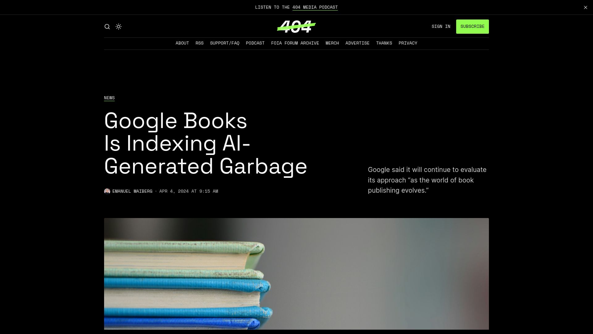 Screenshot of 404media.co: Google Books Is Indexing AI-Generated Garbage
