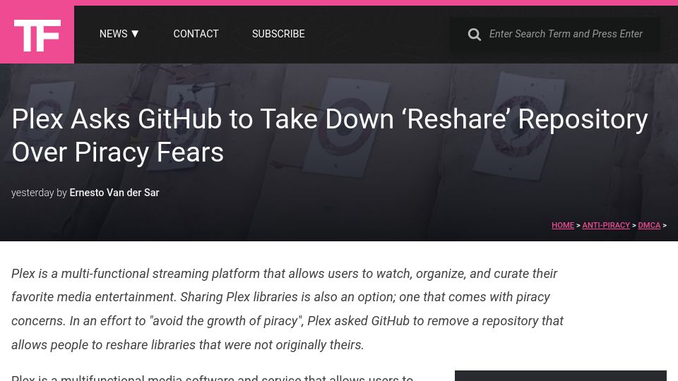 Screenshot of torrentfreak.com: Plex Asks GitHub to Take Down 'Reshare' Repository over Piracy Fears