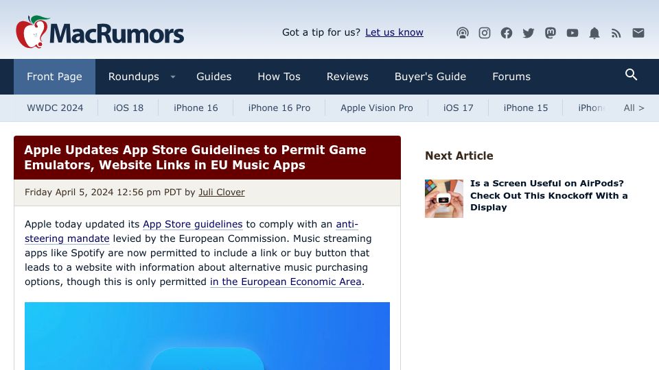 Screenshot of macrumors.com: Apple Updates App Store Guidelines to Permit Game Emulators, EU Music App Links