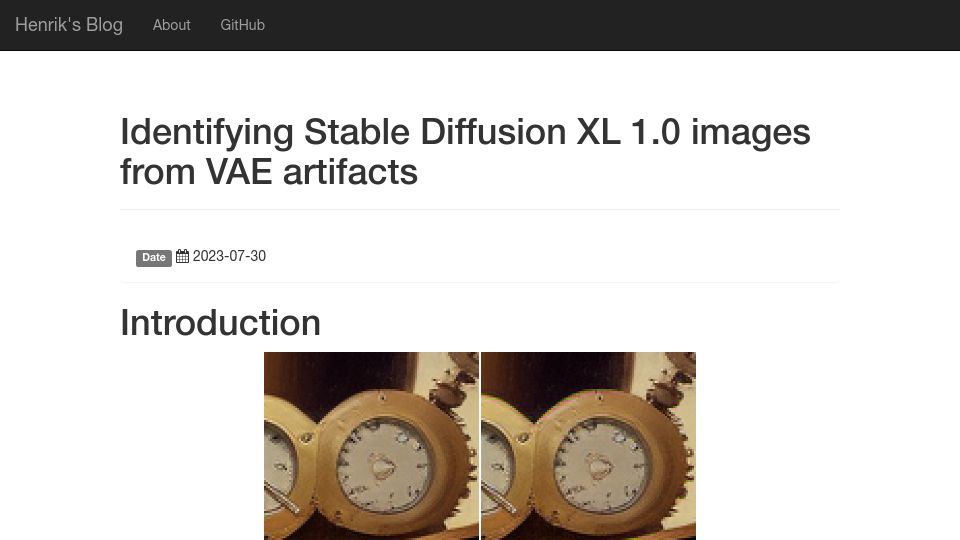 Screenshot of hforsten.com: Identifying Stable Diffusion XL 1.0 images from VAE artifacts (2023)