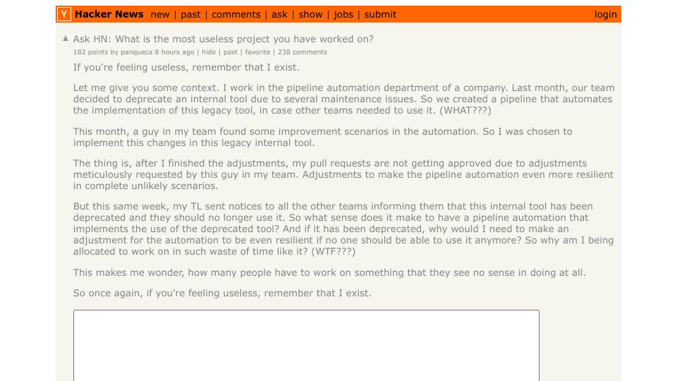 Screenshot of Hacker News post: Ask HN: What is the most useless project you have worked on?