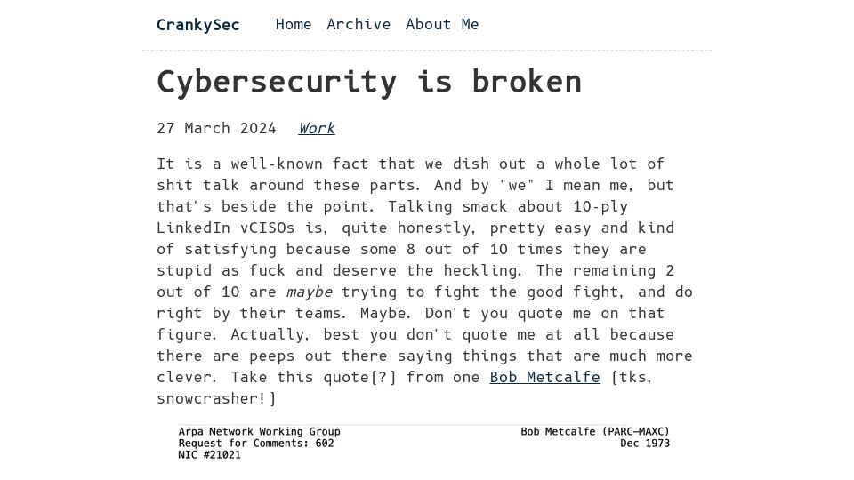 Screenshot of crankysec.com: Cybersecurity Is Broken