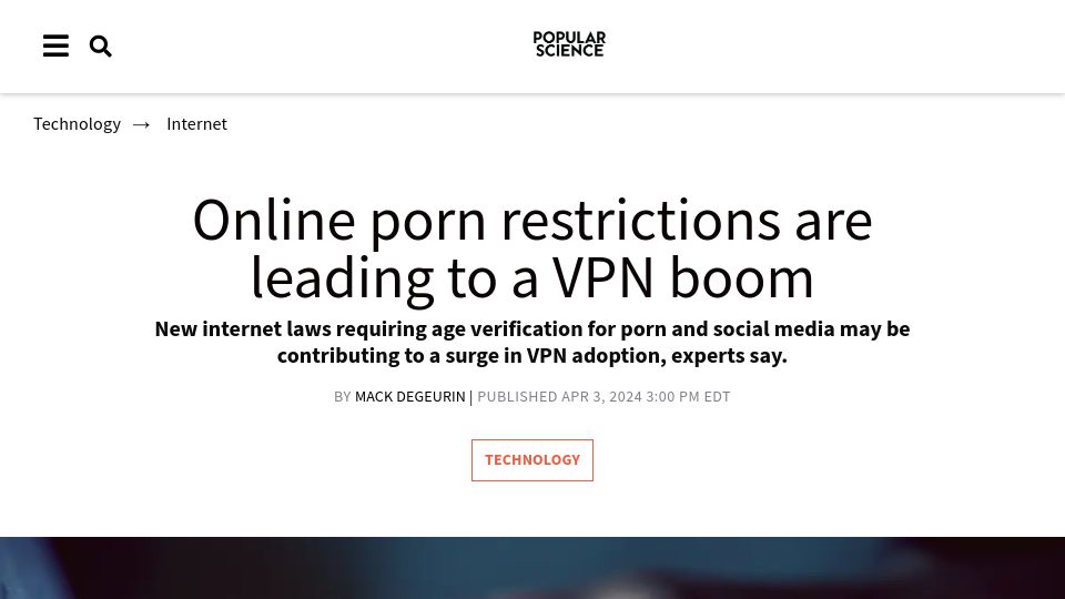 Screenshot of popsci.com: Porn restrictions are leading to a VPN boom