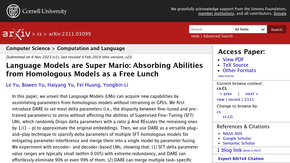 Screenshot of arxiv.org: Language models are Super Mario: Absorbing abilities from homologous models