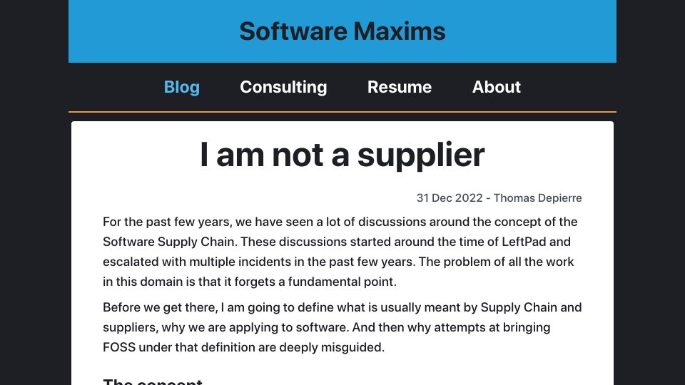 Screenshot of softwaremaxims.com: I am not a supplier (2022)