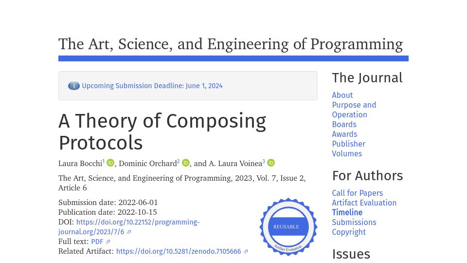 Screenshot of programming-journal.org: A Theory of Composing Protocols (2023)