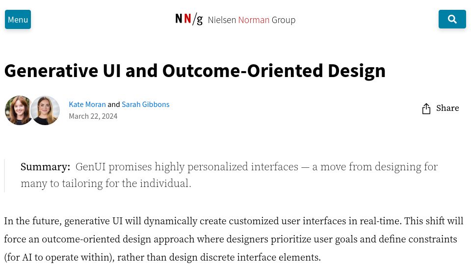 Screenshot of nngroup.com: Generative UI and outcome-oriented design