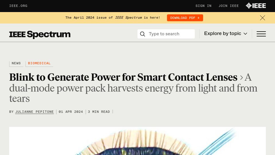 Screenshot of spectrum.ieee.org: Blink to generate power for smart contact lenses