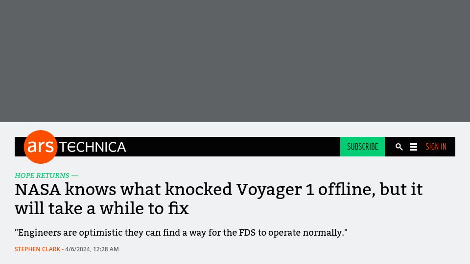 Screenshot of arstechnica.com: NASA knows what knocked Voyager 1 offline, but it will take a while to fix