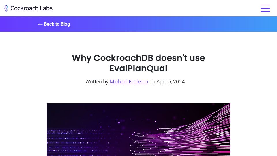 Screenshot of cockroachlabs.com: Why CockroachDB doesn't use EvalPlanQual