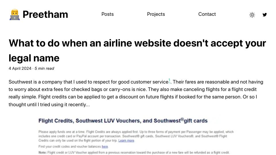 Screenshot of preethamrn.com: What to do when an airline website doesn't accept your legal name