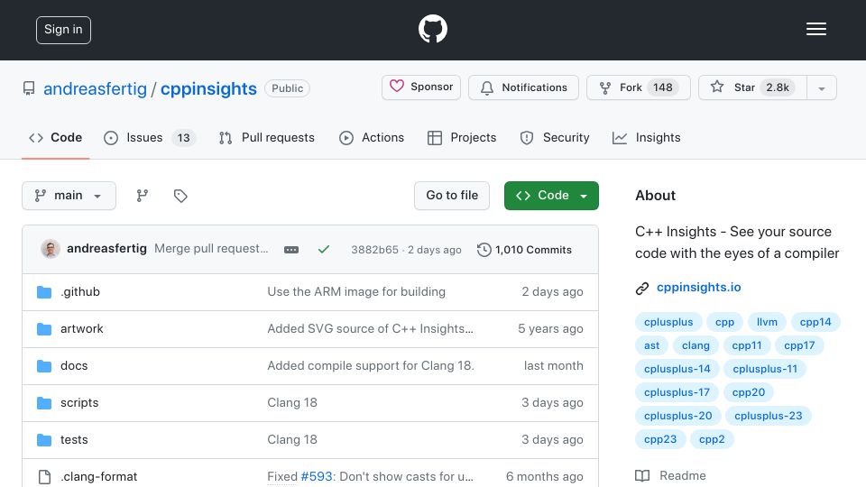 Screenshot of github.com: C++ Insights – See your source code with the eyes of a compiler