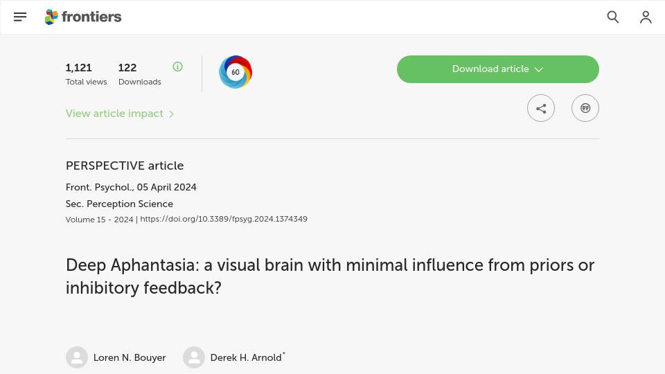 Screenshot of frontiersin.org: Deep Aphantasia: a visual brain with minimal influence from priors?