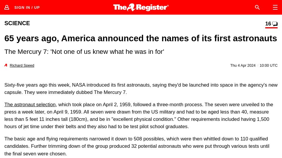 Screenshot of theregister.com: 65 years ago, America announced the names of its first astronauts