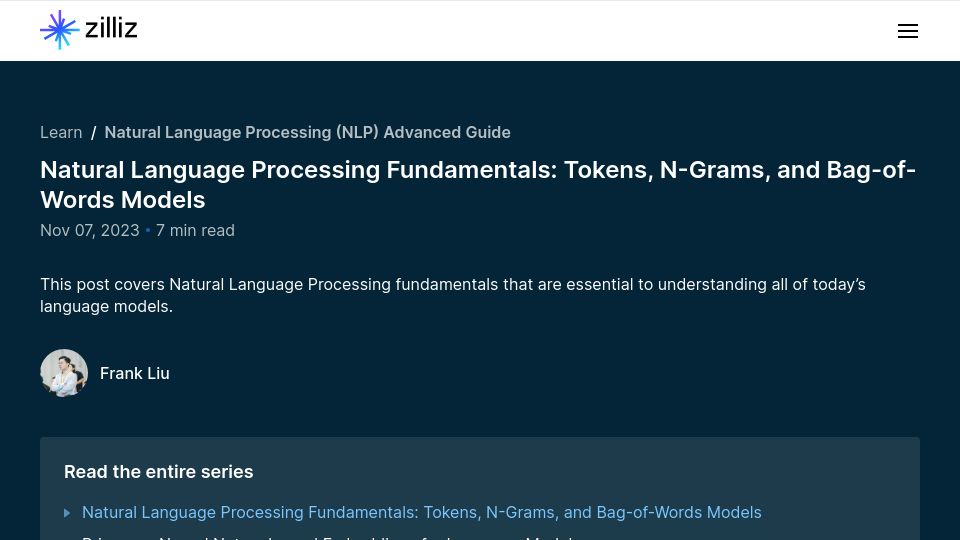 Screenshot of zilliz.com: Tokens, n-grams, and bag-of-words models (2023)