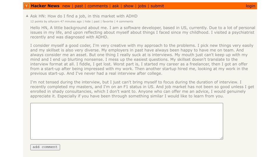 Screenshot of Hacker News post: Ask HN: How do I find a job, in this market with ADHD