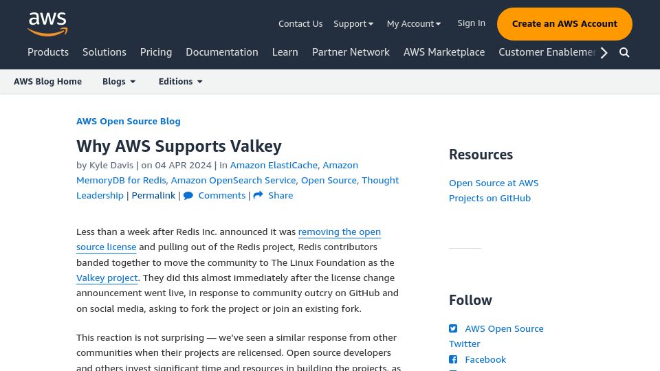 Screenshot of aws.amazon.com: Why AWS Supports Valkey