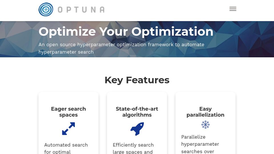 Screenshot of optuna.org: Optuna – A Hyperparameter Optimization Framework