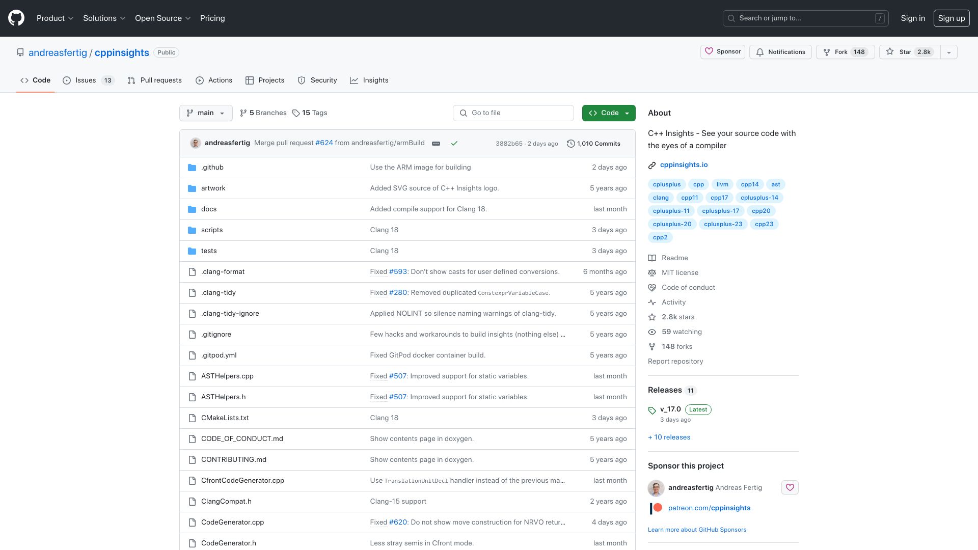 Screenshot of github.com: C++ Insights – See your source code with the eyes of a compiler