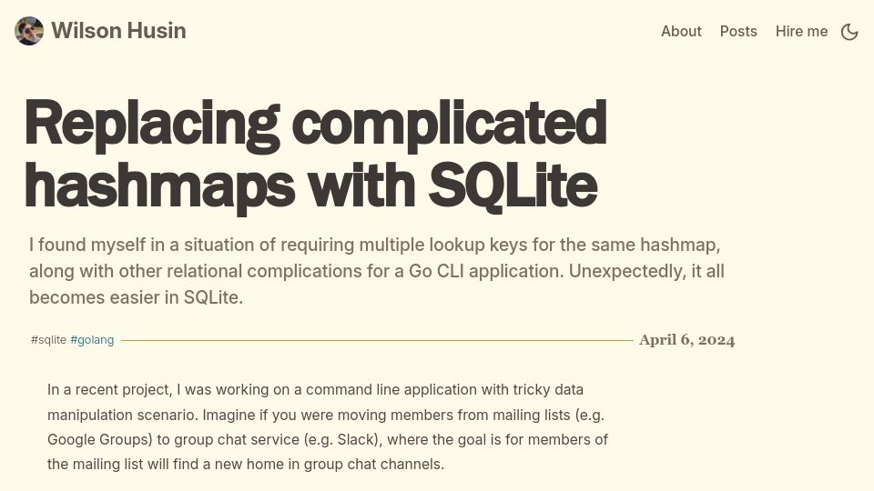 Screenshot of husin.dev: Replacing Complicated Hashmaps with SQLite