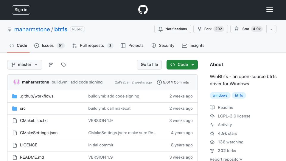 Screenshot of github.com: WinBtrfs – an open-source btrfs driver for Windows