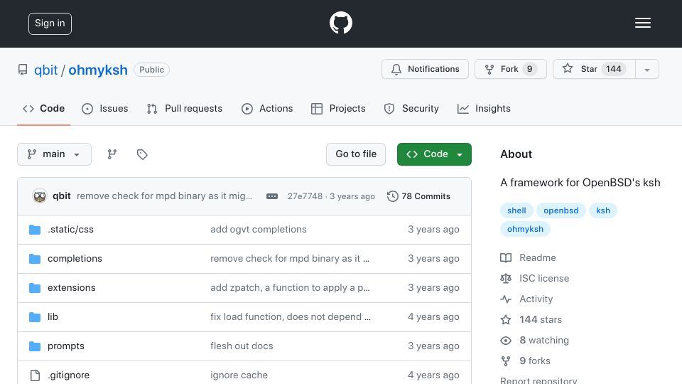 Screenshot of github.com: Ohmyksh: A Framework for OpenBSD's Ksh