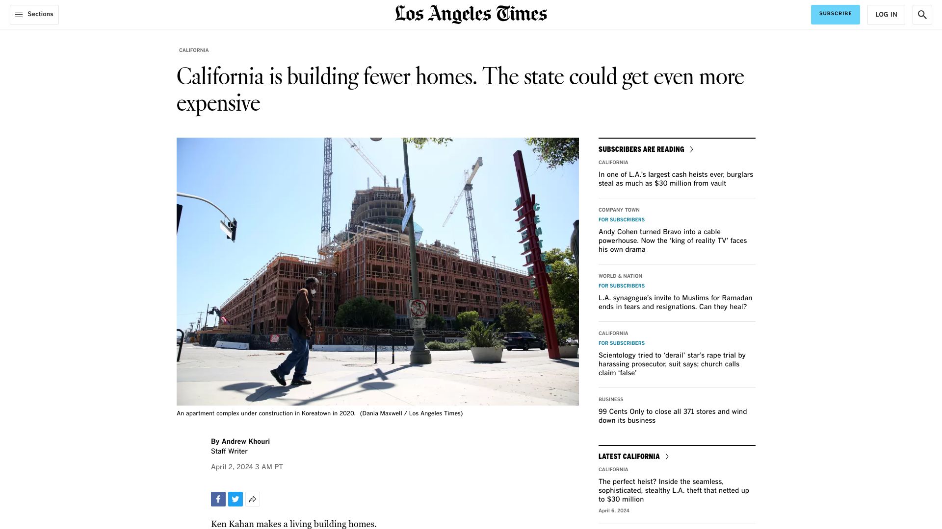 Screenshot of latimes.com: California is building fewer homes. The state could get even more expensive
