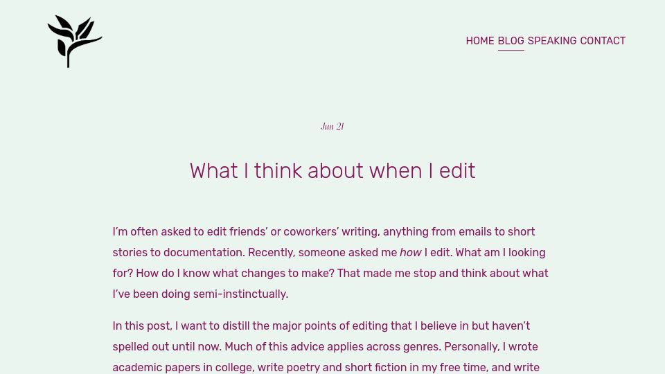 Screenshot of evaparish.com: What I think about when I edit (2019)