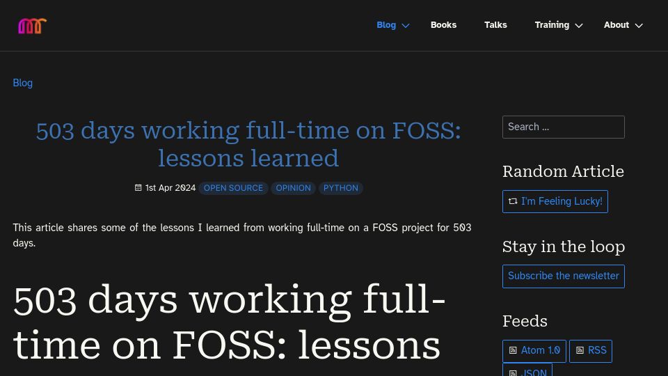 Screenshot of mathspp.com: Lessons I learned from working full-time on a FOSS project for 503 days