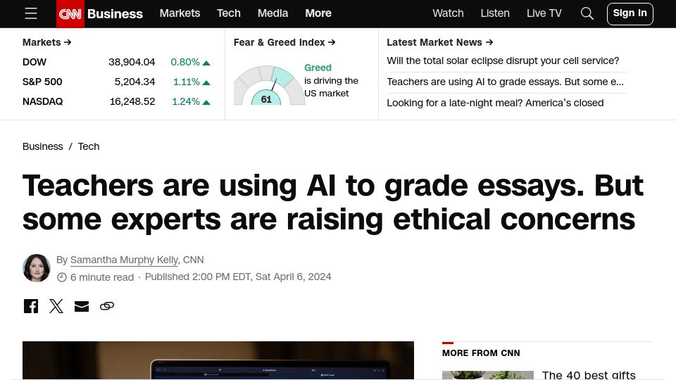 Screenshot of cnn.com: Teachers are using AI to grade essays. Some experts are raising ethical concerns