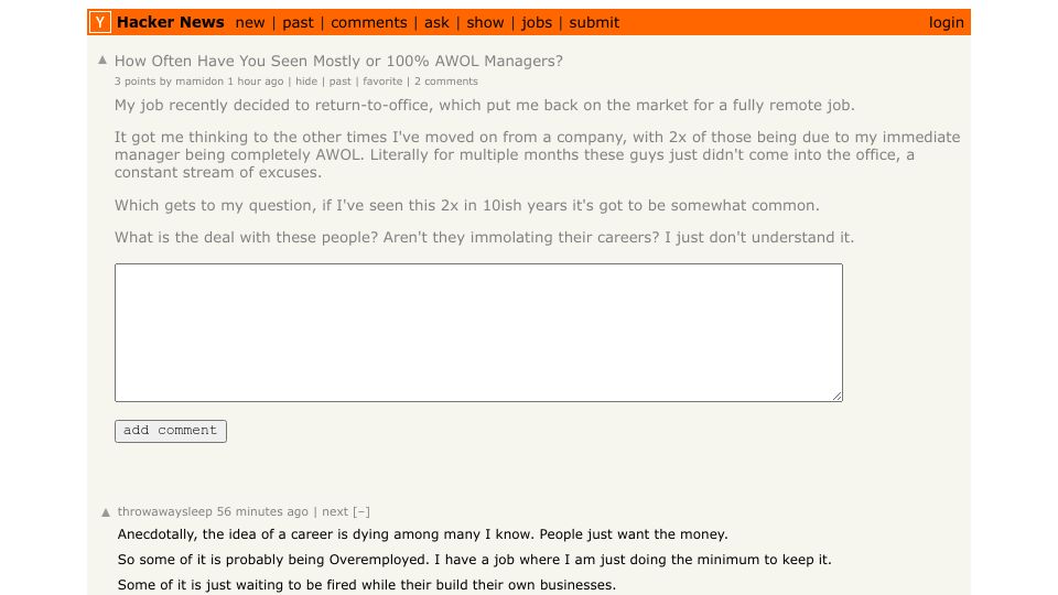 Screenshot of Hacker News post: How Often Have You Seen Mostly or 100% AWOL Managers?