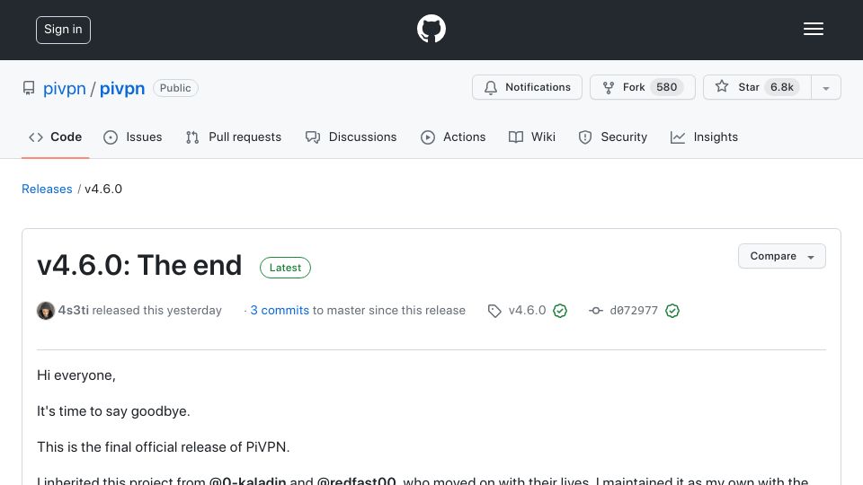 Screenshot of github.com: PiVPN v4.6.0: The End