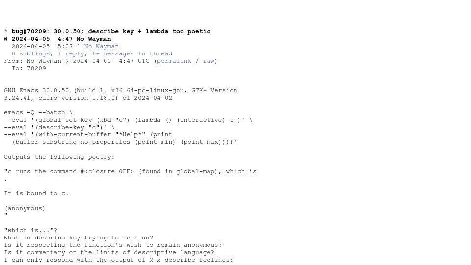 Screenshot of yhetil.org: Emacs bug: describe-key and lambda too poetic